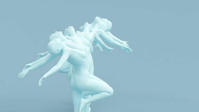 Modern minimal trendy surreal 3d render illustration, posing attractive mannequin model, human young character statue, blue rotating ballet dancing women, elegant pose, ballet performer