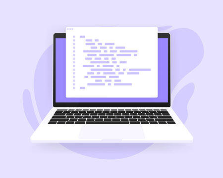 Software development and programming, program code on laptop screen. Vector illustration.