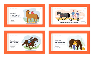 Horse Instructors Landing Page Template Set. Jockey Characters, Professional Horseman in Uniform, Racing Competition