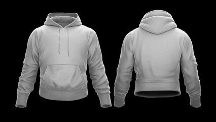 Front and back views of white hoodie on black background - 3D illustration - hoodie mockup