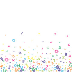 Falling letters of English language. Colorful messy sketch flying words of Latin alphabet. Foreign languages study concept. Sublime back to school banner on white background.