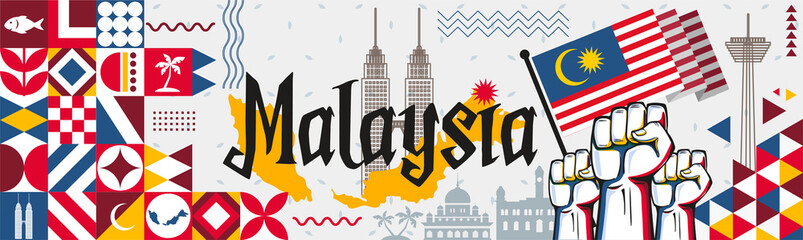 Malaysia National day or Hari Merdeka banner with retro abstract geometric shapes. Malaysian flag and map. Red blue scheme with raised hands or fists. Kuala Lumpur landmarks. Vector Illustration.