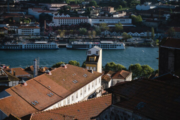 View of the Douro River banks of Vila Gaia de Nova in Porto, Portugal.