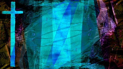 turquoise and blue cross abstract collage effect digital art with copy space appropriate for a worship slide background