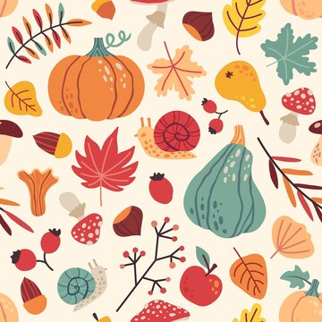 Autumn seamless pattern with pumpkin, acorn, fall leaf, nuts, fruits and mushrooms. Fall background design for paper or fabric vector print