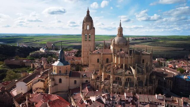 Aerial view of Segovia Cathedral, famous tourist attraction in Castile and Leon, Spain. High quality 4k footage.