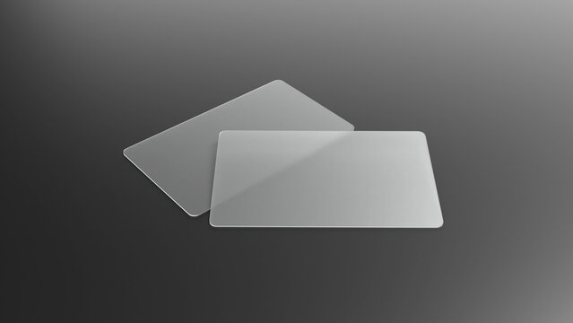 Two transparent clear cards lying flat on a dark matt black surface, 3d render illustration for mockup