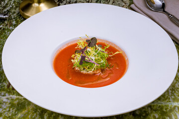 Gazpacho soup on a white plate on green marble table