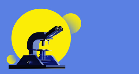 Microscope doctor. Blue microscope Cartoon style. Microscope doctor on yellow. Copy space. Scientific equipment. Device for medical research. Magnifying device for examining patient tests. 3d image