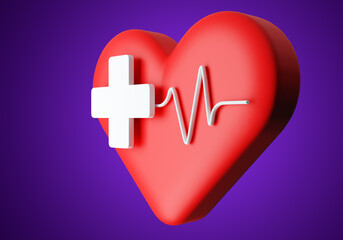 Heart medicine. Cardiological health problems. White cross and pulse line. Treatment of heart disease in humans. State system of health care and medicine. Health insurance concept. 3d rendering. - obrazy, fototapety, plakaty