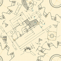Mechanical engineering drawings on light background. Cutting tools, milling cutter. Technical Design. Cover. Blueprint. Seamless pattern. Vector illustration.
