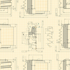 Mechanical engineering drawings on light background. Cutting tools, milling cutter. Technical Design. Cover. Blueprint. Seamless pattern. Vector illustration.