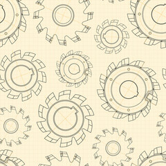 Mechanical engineering drawings on light background. Cutting tools, milling cutter. Technical Design. Cover. Blueprint. Seamless pattern. Vector illustration.