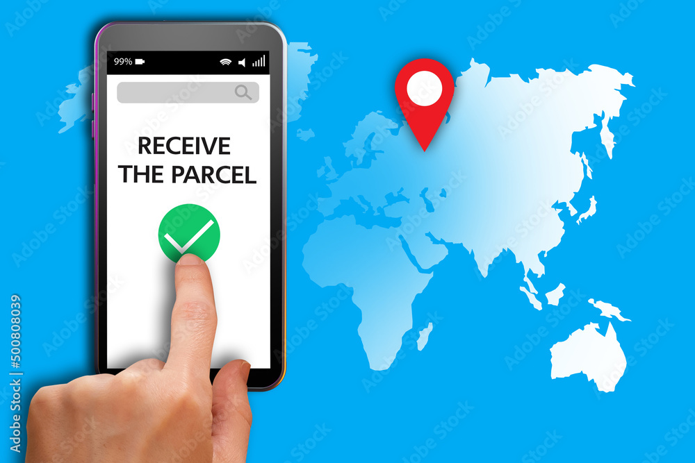 Poster delivery worldwide. sending and receiving parcels all over the world. smartphone with a delivery app