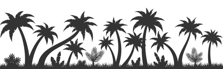 Fototapeta na wymiar Palm tree tropic plant black seamless background. Tropical silhouette jungle texture subtropical forest. Pattern travel company profile design postcard cover magazine print fabric wallpaper island