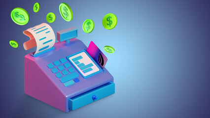 Cartoon cash register as a symbol of trade. Business income receiving. Coins and bank card next to payment terminal. Different ways to pay for purchases. Place for text near cash register. 3d image