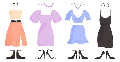 Purple glamor dress, black cocktail tunic, tank top and long slit skirt, blue cute suit set. High heels, jewelry and earrings. Doll clothes. Woman wardrobe accessories collection. Vector illustration