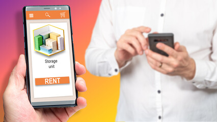 Rent storage units. Find storage facilities via smartphone. Choosing warehouse in mobile app. Man is looking for storehouse using  mobile phone. Rental storage room. Warehouse services.