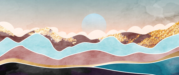 Luxury abstract art background with mountains and hills in a watercolor style. Vector banner with hills, mountains and sun for decoration, wallpaper, packaging, fabric, mural - obrazy, fototapety, plakaty