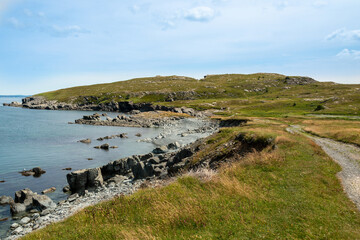 A hiking trail along the ocean with waves crashing on the jagged rocks. The calm water and sky are blue with white clouds. There are trees, rocks, grass, and eroding cliff along the edge of the ocean