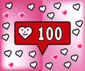 100 likes. Banner for social networks and thanks to followers with hearts