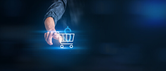 Hand press a cart and a dollar icon. represent online purchases. Concept Online shopping.