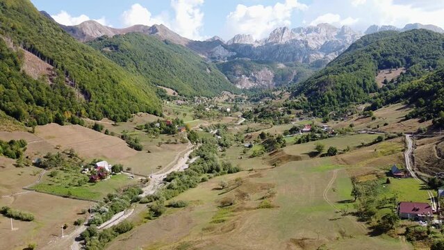 Lepushe Mountain Valley in North Albania (near Prokletije National Park, Montenegro) - Aerial Forward