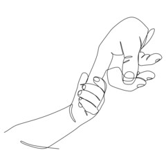 Parent hold child hand continuous line draw design. Sign and symbol of hand gestures. Single continuous drawing line. Hand drawn style art doodle isolated on white background illustration.