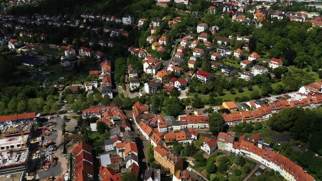 Aerial view of a German village surrounded by rapeseed fields, Marbach, Germany.