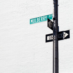 Mulberry Street and two one way signs on a pole against a white brick wall in Little Italy, New...