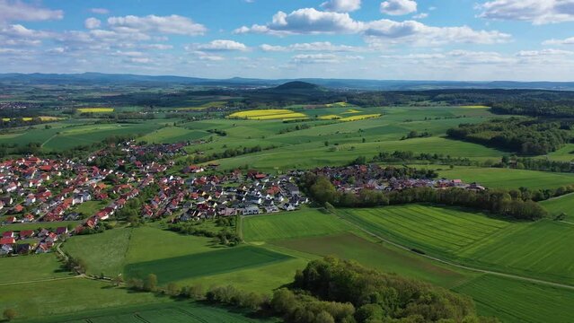 Aerial view of a village with photovoltaic on the roofs, Marbach, Germany.