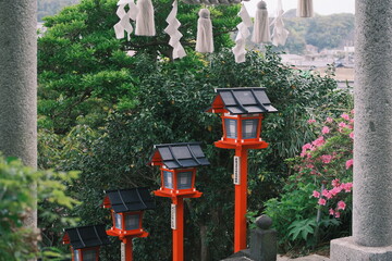 red japanese lanterns by the temple