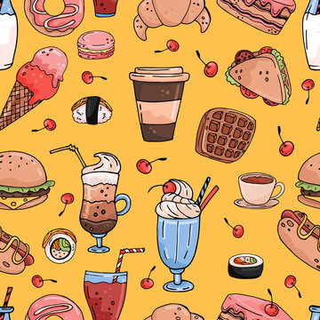 Seamless vector pattern with hand drawn food and drinks. color sketch on yellow background
