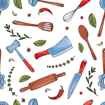 Color seamless vector pattern of elements with hand drawn kitchen tools on a white background. Sketch style
