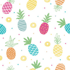Seamless pattern with original pineapples and yellow slices of pineapples on white background. Summer colorful tropical textile print with different textures. Vector background. 
