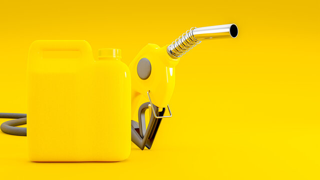 Yellow gallon of oil Mock-Up and fuel nozzle. Minimal idea concept, 3D Render.