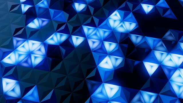Illuminated, Blue Polygonal Surface with Tetrahedrons. High Tech, Neon 3d Wallpaper.