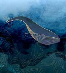 Watercolor art background with blue whale in waves in gold line art style. Vector poster with ink textures for design wallpaper, social media, banner, print, textile