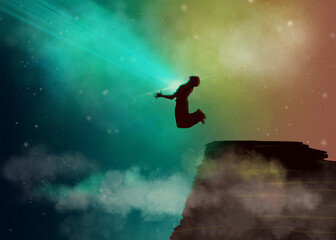 Obraz na płótnie Canvas silhouette of a man jumping on the rocks