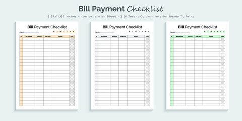 Bill payment checklist planner logbook and tracker printable kdp interior design template - obrazy, fototapety, plakaty