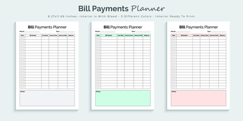 Bill payments planner logbook and tracker printable kdp interior design template