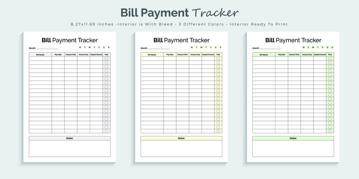 Bill payment tracker logbook and planner printable kdp interior design template