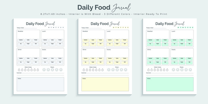 Daily Food Journal And Planner Logbook Notebook Tracker Printable Kdp Interior Design Template