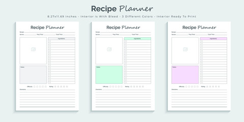 Recipe planner logbook journal and tracker printable kdp interior design template set 03 - obrazy, fototapety, plakaty
