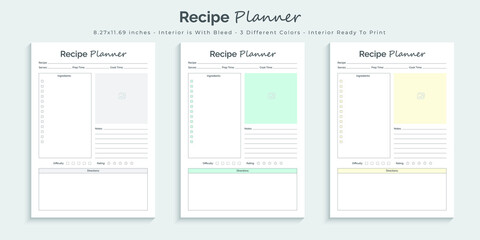Recipe planner logbook journal and tracker printable kdp interior design template set 01