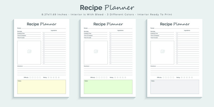 Recipe planner logbook journal and tracker printable kdp interior design template set 02
