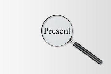 Focus current situation concept. Present wording inside of Magnifier glass on background.