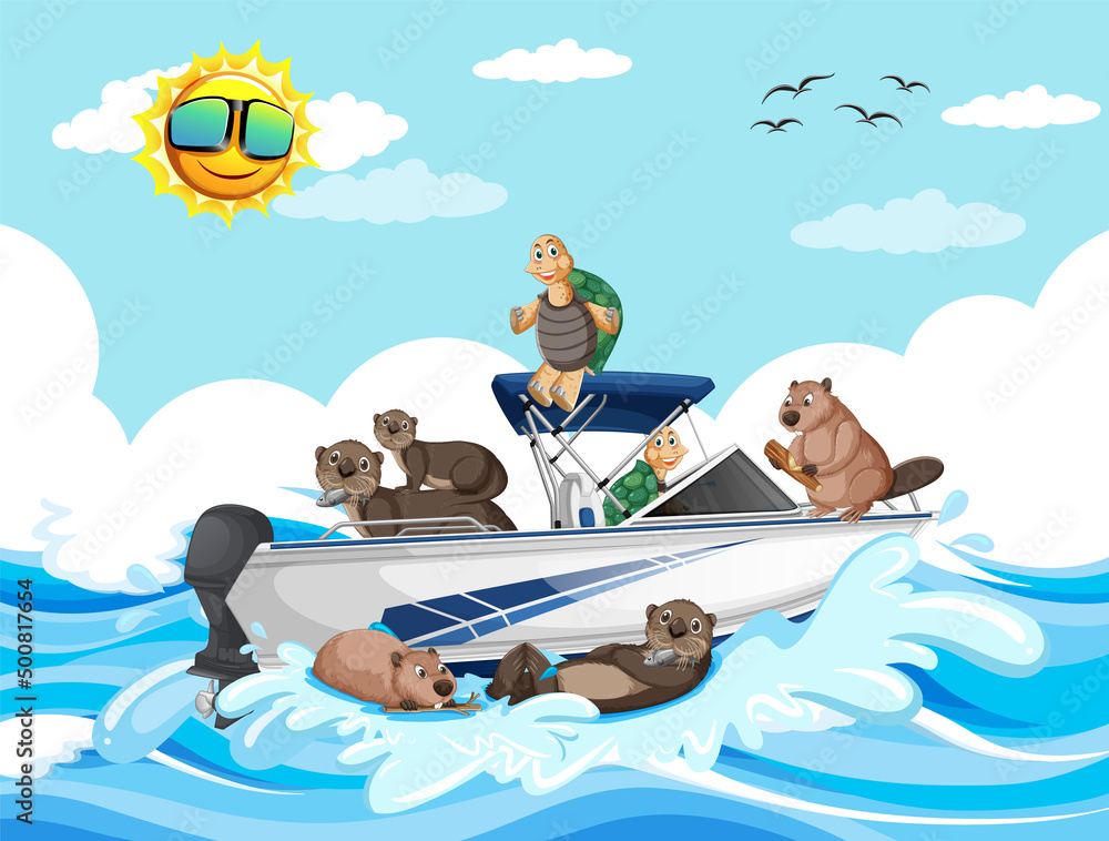 Wall mural ocean scene with group of animals on speedboat