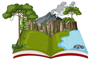 Book with volcano and forest