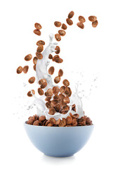 Bowl with tasty cornflakes on white background